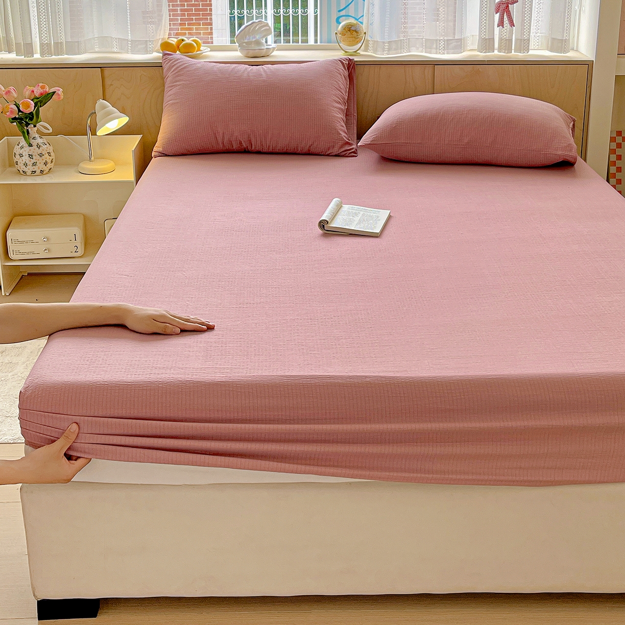 91家纺网 家纺一手货源 找家纺 彩韵家纺 2025新款超柔云感双层纱床笠 双层纱-豆沙