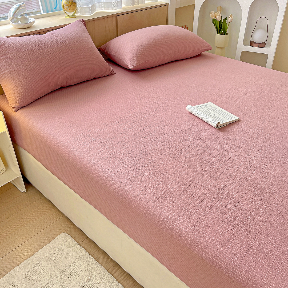 91家纺网 家纺一手货源 找家纺 彩韵家纺 2025新款超柔云感双层纱床笠 双层纱-豆沙