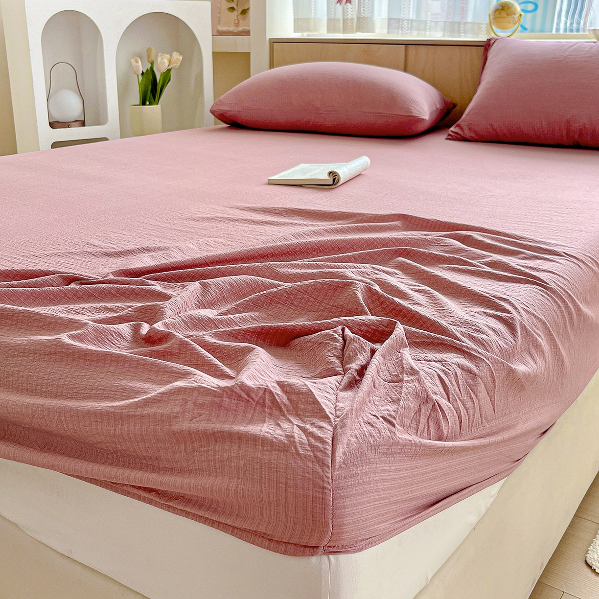 91家纺网 家纺一手货源 找家纺 彩韵家纺 2025新款超柔云感双层纱床笠 双层纱-豆沙