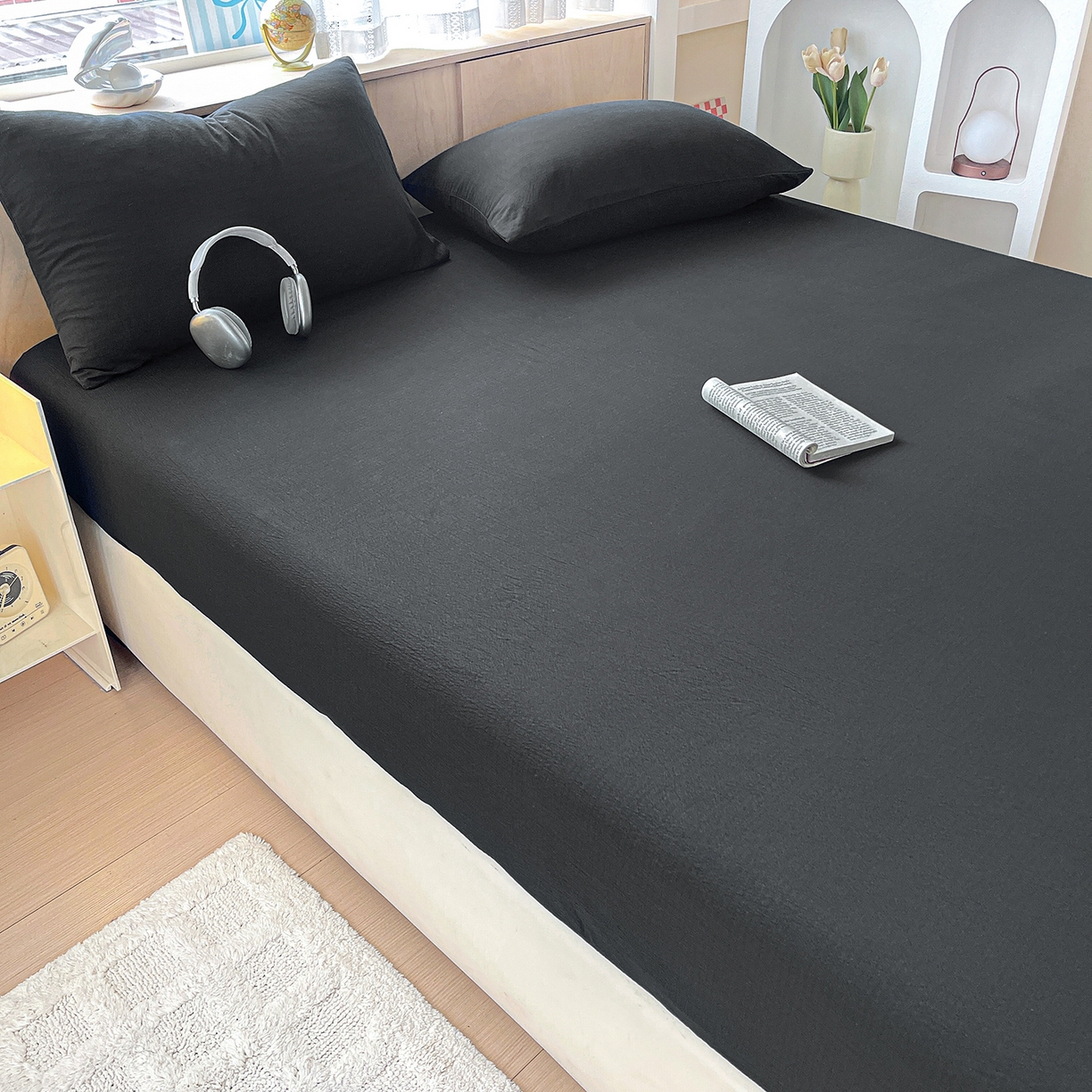 91家纺网 家纺一手货源 找家纺 彩韵家纺 2025新款超柔云感双层纱床笠 双层纱-黑色