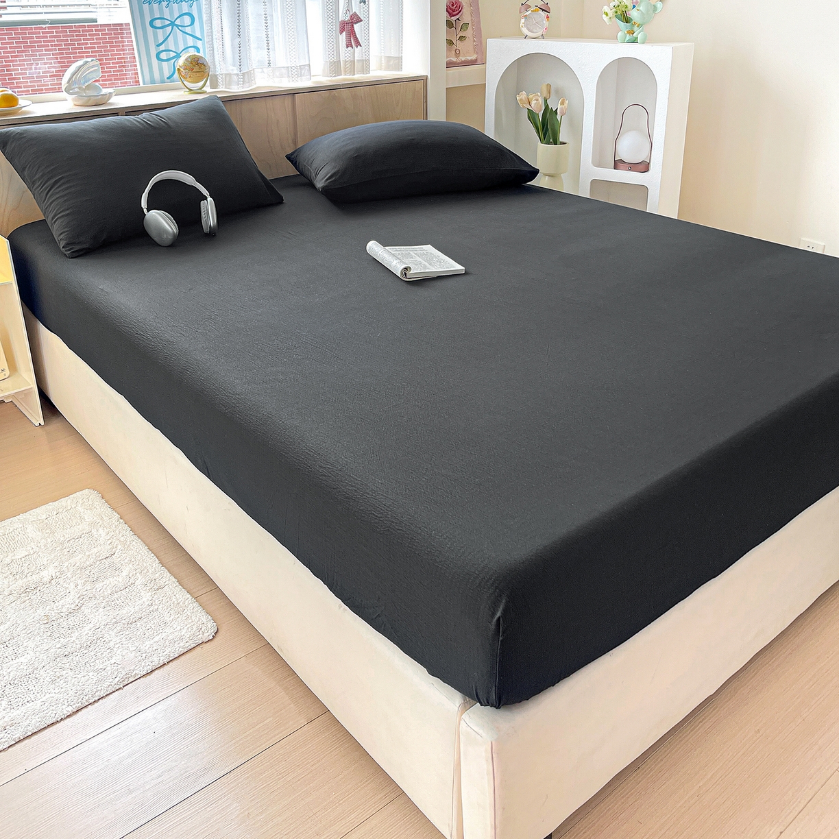 91家纺网 家纺一手货源 找家纺 彩韵家纺 2025新款超柔云感双层纱床笠 双层纱-黑色