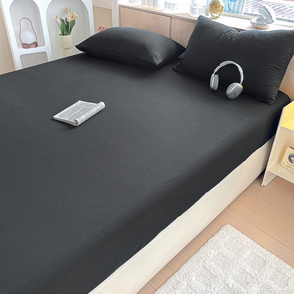 91家纺网 家纺一手货源 找家纺 彩韵家纺 2025新款超柔云感双层纱床笠 双层纱-黑色