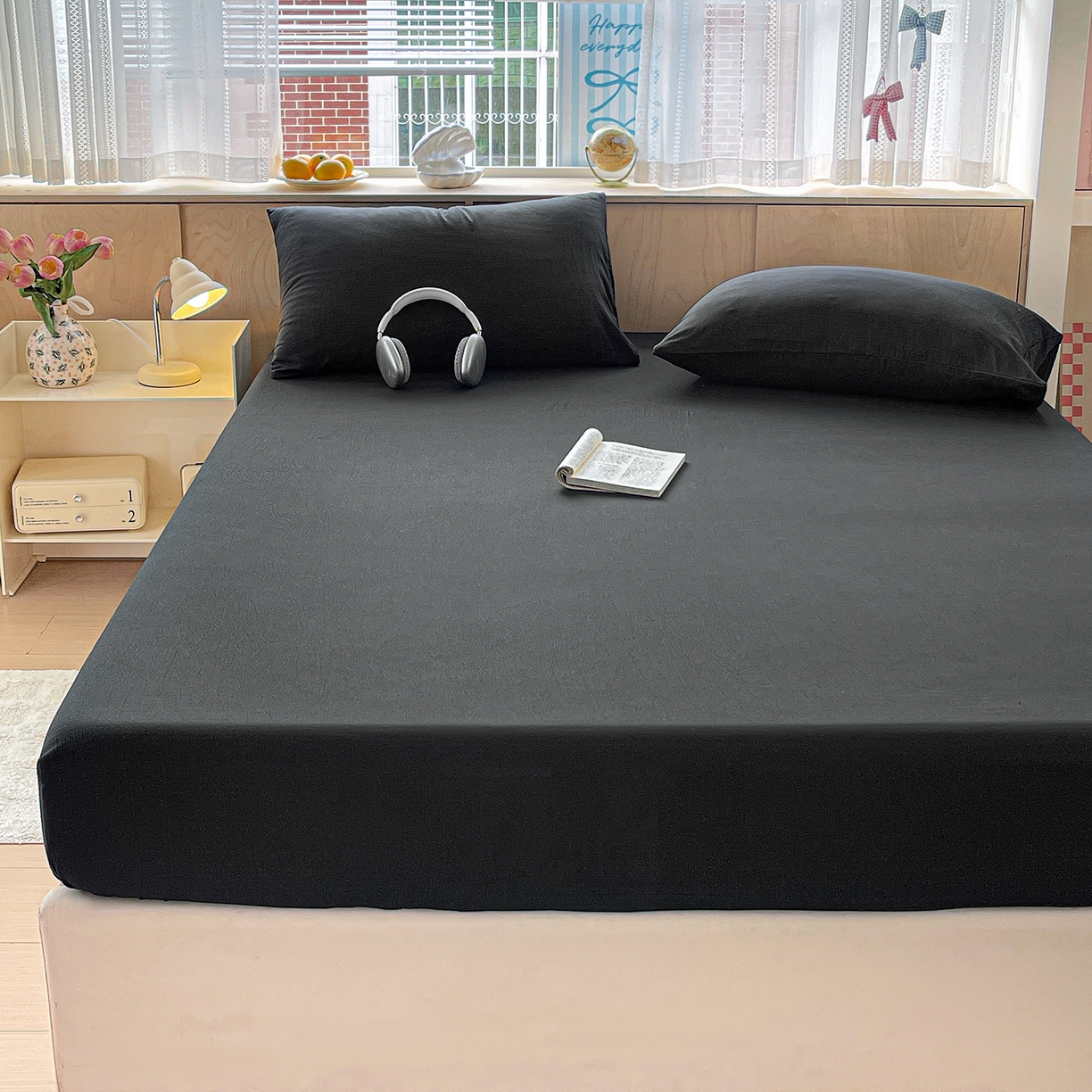 91家纺网 家纺一手货源 找家纺 彩韵家纺 2025新款超柔云感双层纱床笠 双层纱-黑色