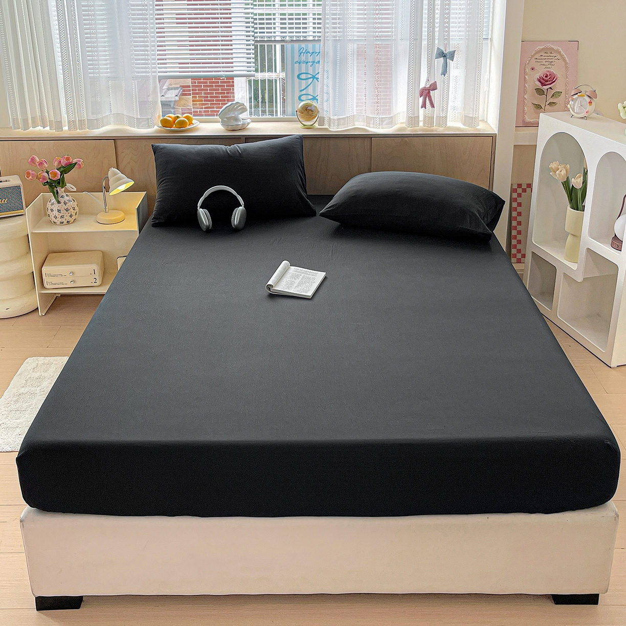 91家纺网 家纺一手货源 找家纺 彩韵家纺 2025新款超柔云感双层纱床笠 双层纱-黑色