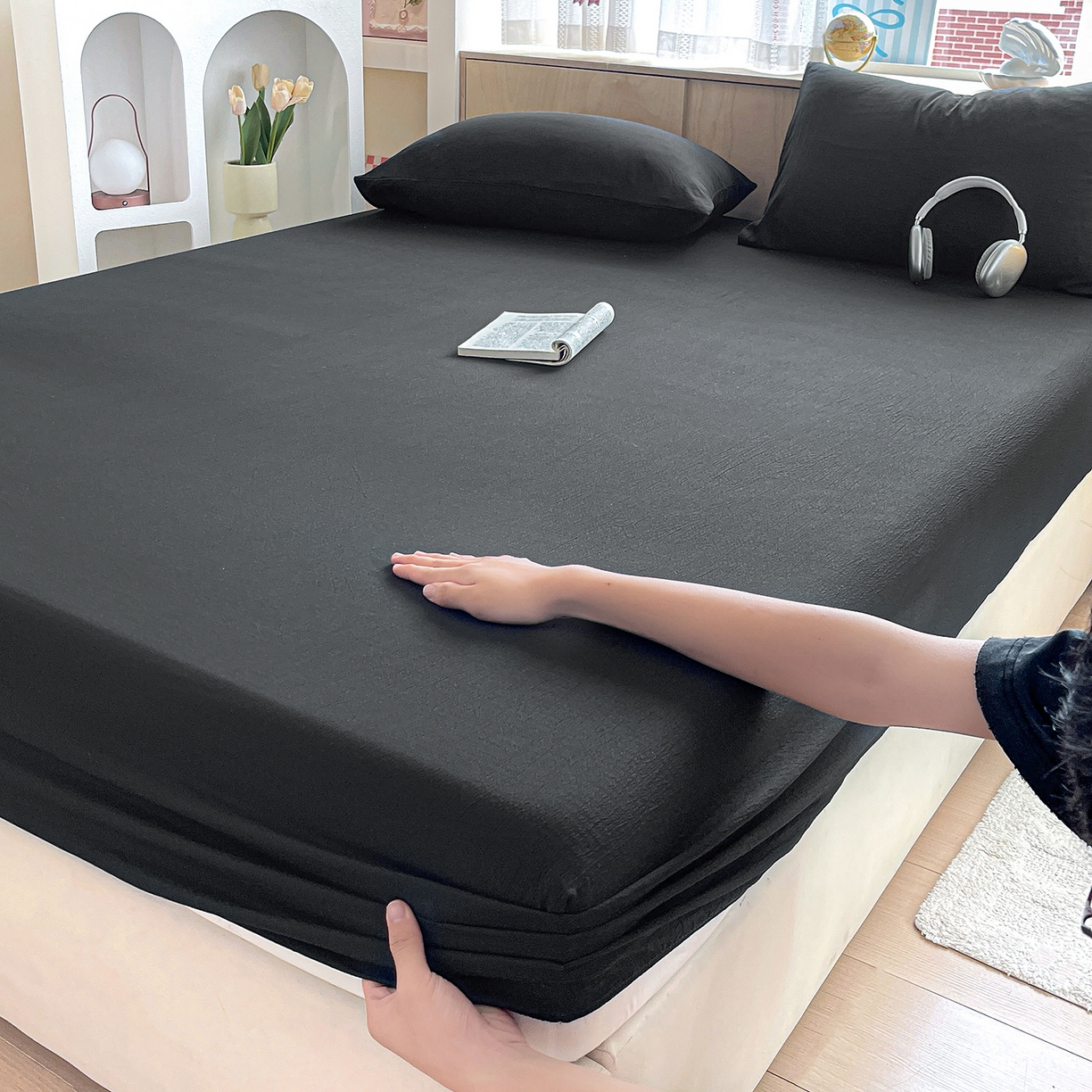 91家纺网 家纺一手货源 找家纺 彩韵家纺 2025新款超柔云感双层纱床笠 双层纱-黑色