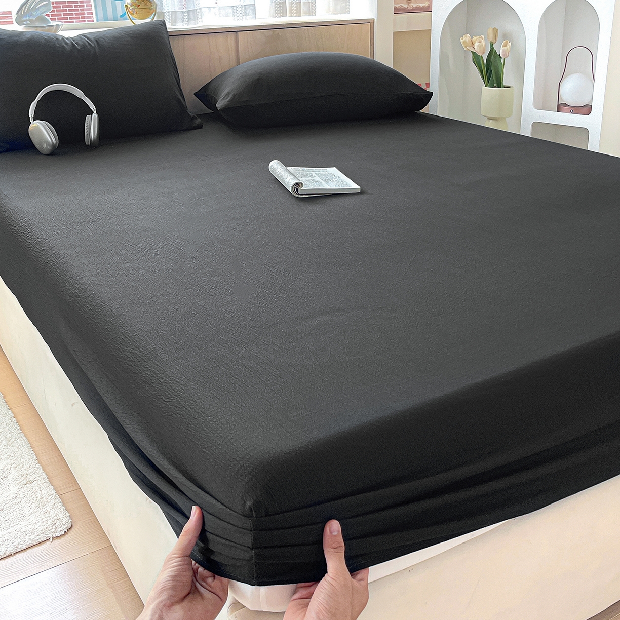 91家纺网 家纺一手货源 找家纺 彩韵家纺 2025新款超柔云感双层纱床笠 双层纱-黑色