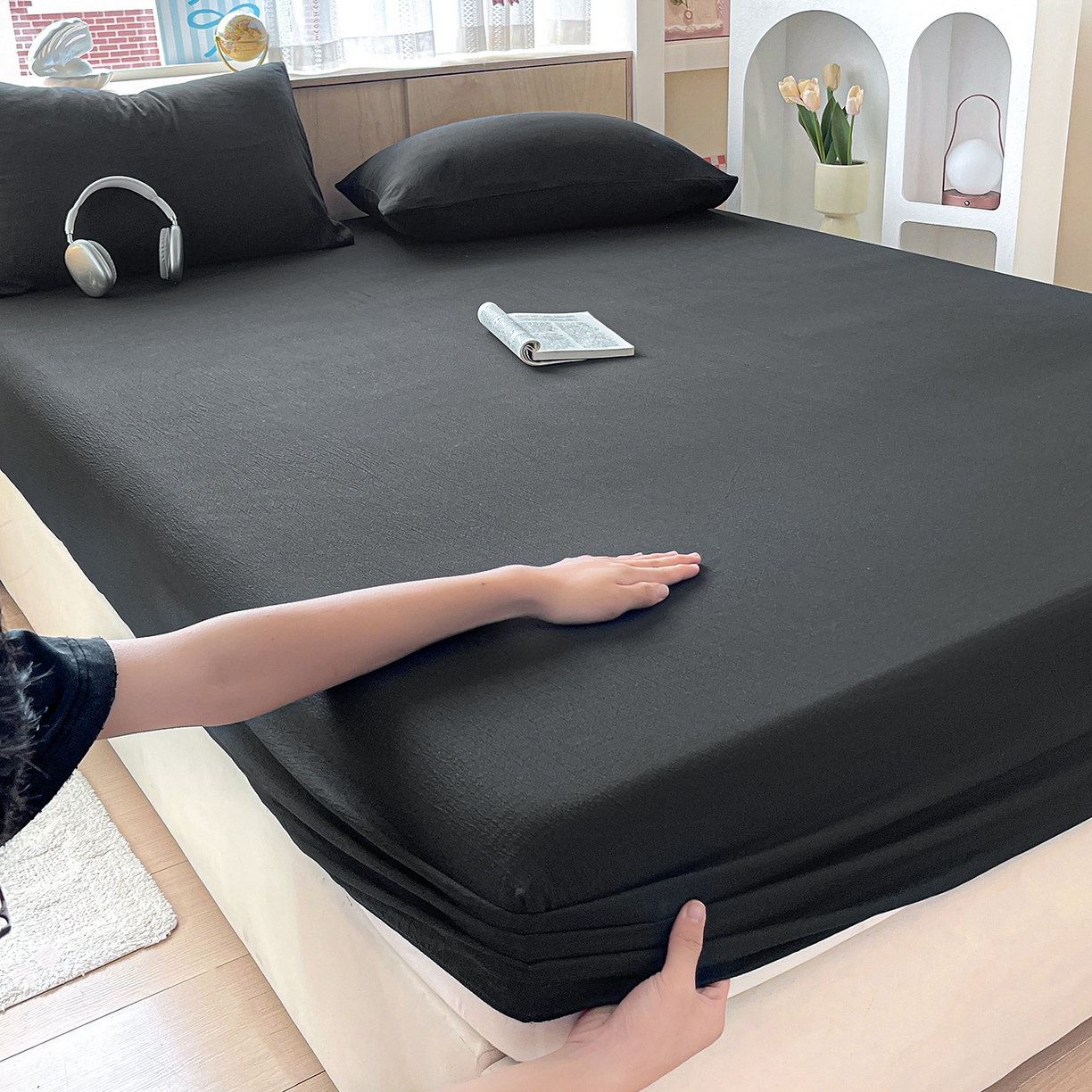 91家纺网 家纺一手货源 找家纺 彩韵家纺 2025新款超柔云感双层纱床笠 双层纱-黑色