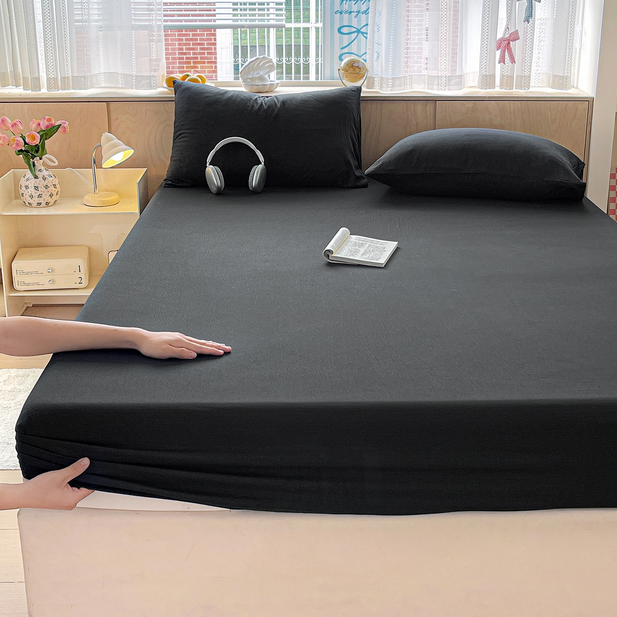 91家纺网 家纺一手货源 找家纺 彩韵家纺 2025新款超柔云感双层纱床笠 双层纱-黑色