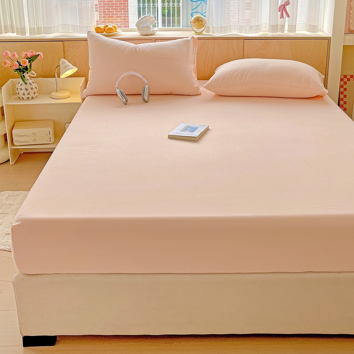 91家纺网 家纺一手货源 找家纺 彩韵家纺 2025新款超柔云感双层纱床笠 双层纱-浅粉