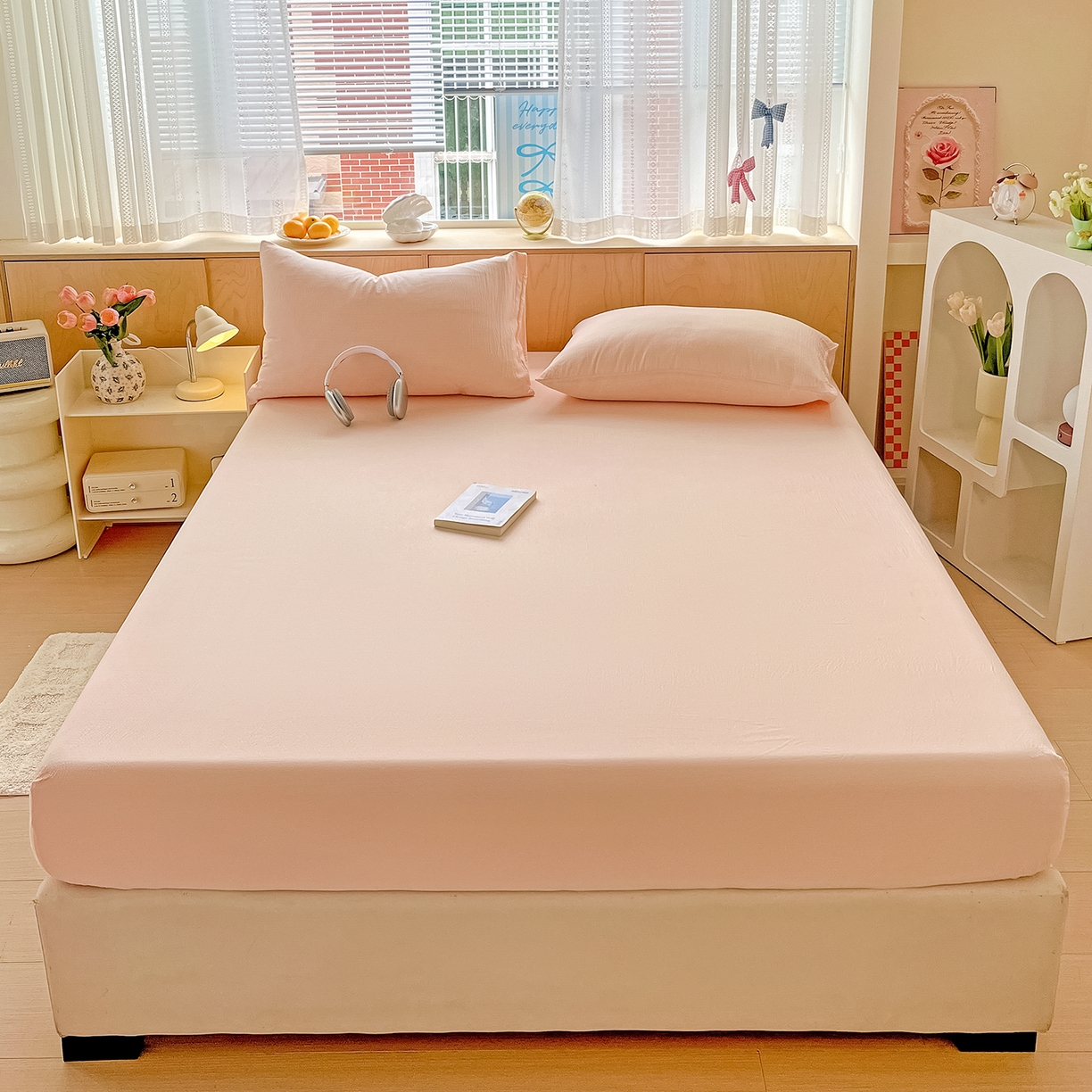 91家纺网 家纺一手货源 找家纺 彩韵家纺 2025新款超柔云感双层纱床笠 双层纱-浅粉