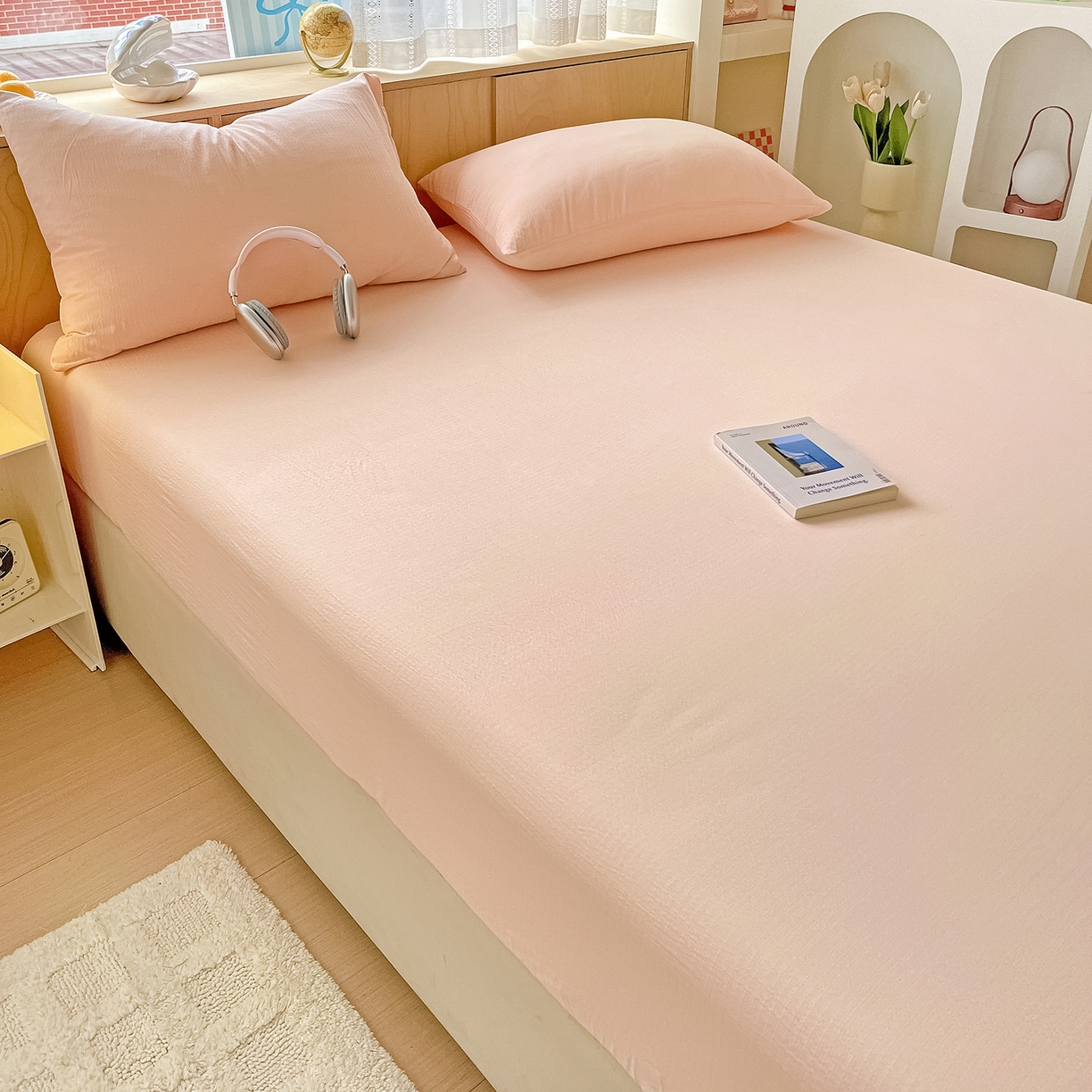 91家纺网 家纺一手货源 找家纺 彩韵家纺 2025新款超柔云感双层纱床笠 双层纱-浅粉