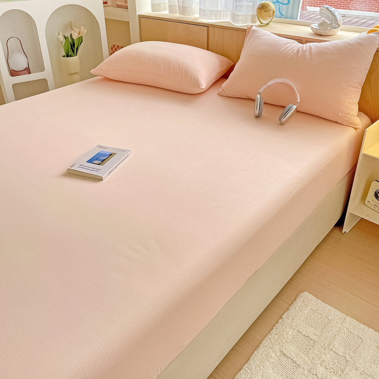 91家纺网 家纺一手货源 找家纺 彩韵家纺 2025新款超柔云感双层纱床笠 双层纱-浅粉