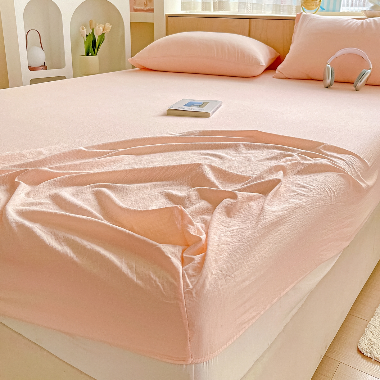 91家纺网 家纺一手货源 找家纺 彩韵家纺 2025新款超柔云感双层纱床笠 双层纱-浅粉