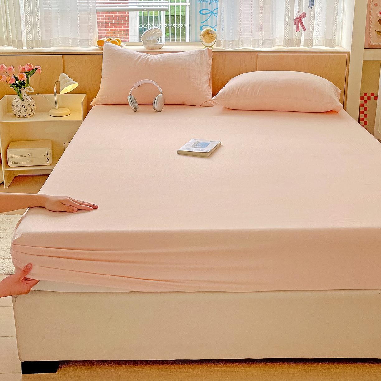 91家纺网 家纺一手货源 找家纺 彩韵家纺 2025新款超柔云感双层纱床笠 双层纱-浅粉