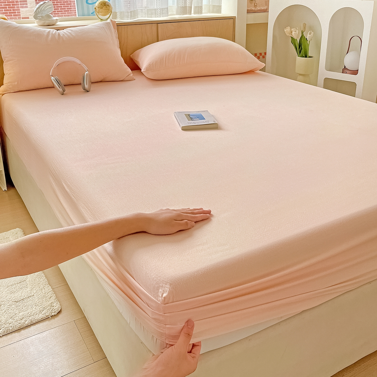 91家纺网 家纺一手货源 找家纺 彩韵家纺 2025新款超柔云感双层纱床笠 双层纱-浅粉