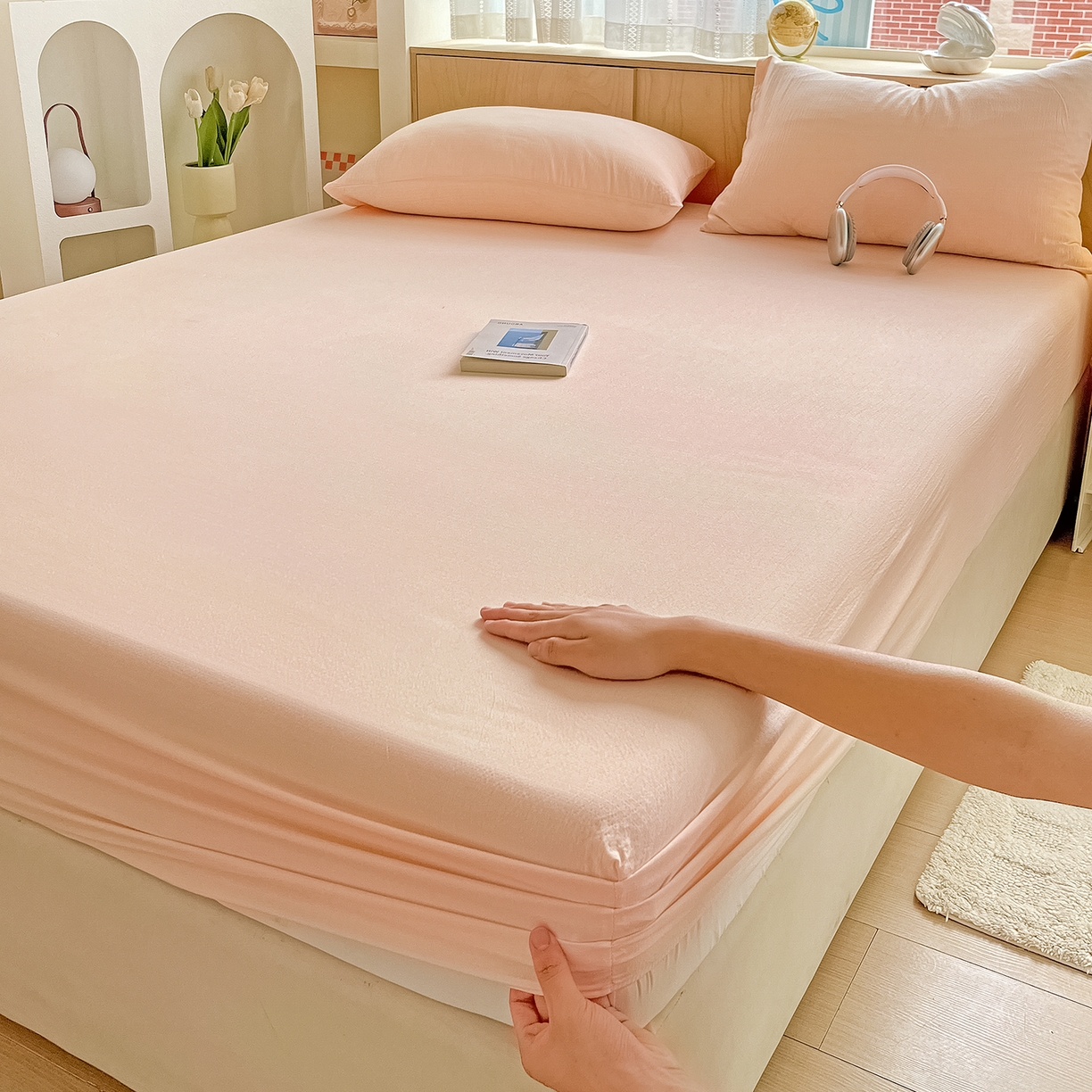 91家纺网 家纺一手货源 找家纺 彩韵家纺 2025新款超柔云感双层纱床笠 双层纱-浅粉