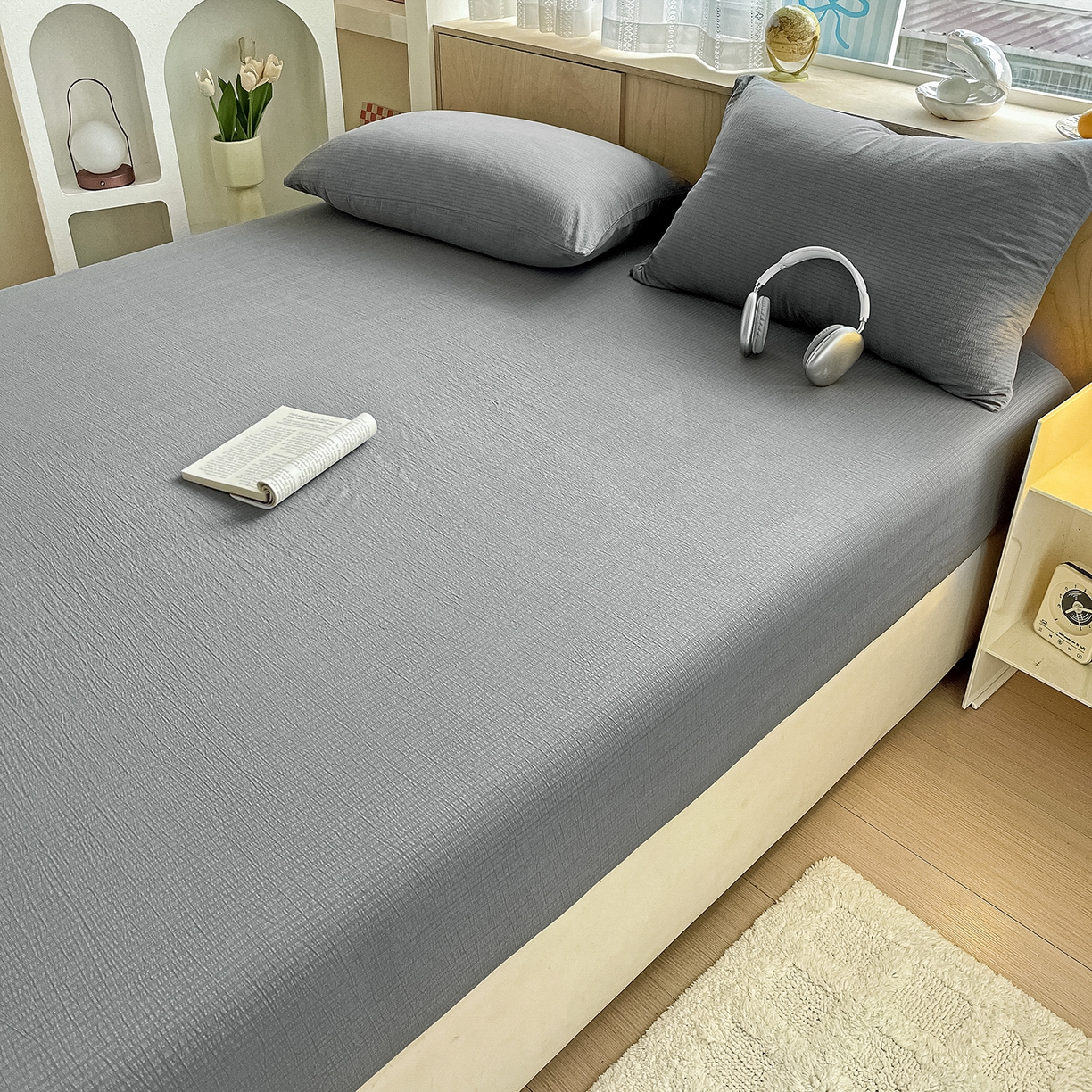 91家纺网 家纺一手货源 找家纺 彩韵家纺 2025新款超柔云感双层纱床笠 双层纱-浅灰