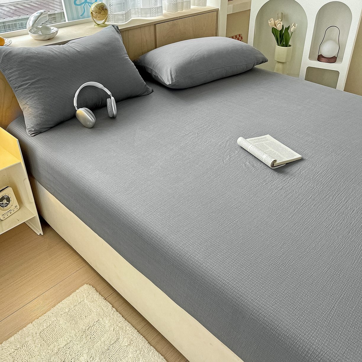 91家纺网 家纺一手货源 找家纺 彩韵家纺 2025新款超柔云感双层纱床笠 双层纱-浅灰