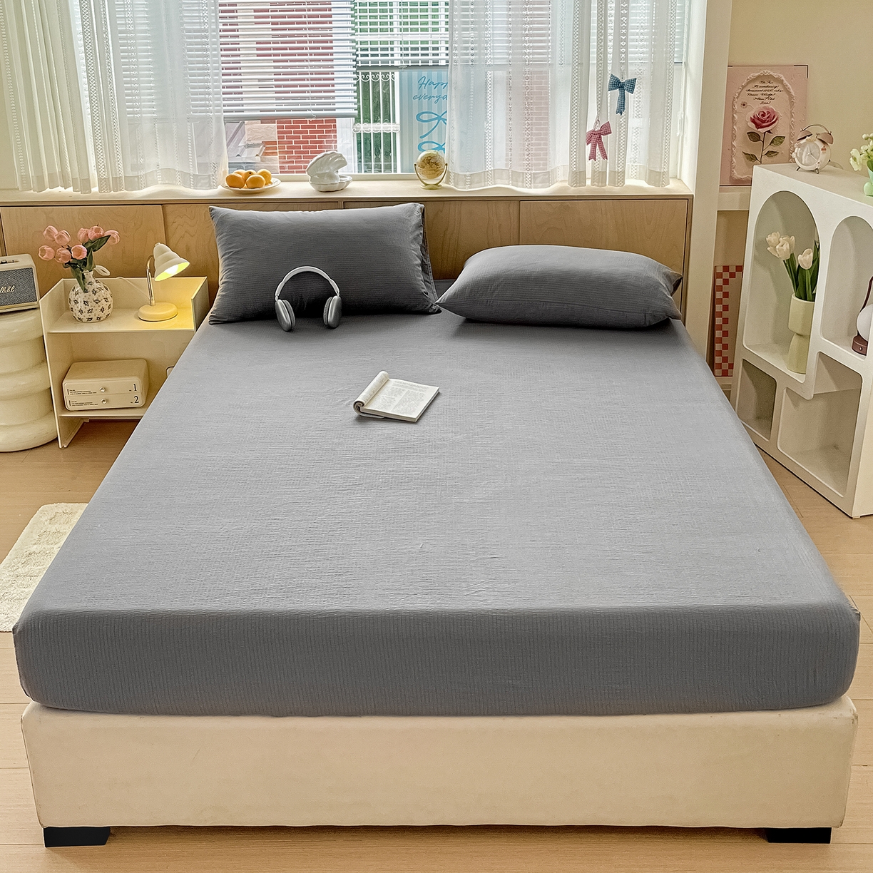 91家纺网 家纺一手货源 找家纺 彩韵家纺 2025新款超柔云感双层纱床笠 双层纱-浅灰