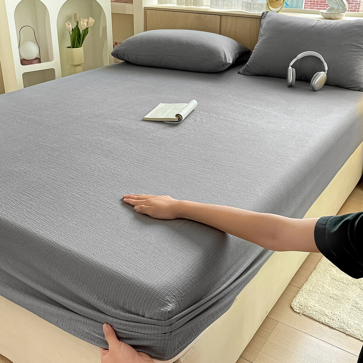 91家纺网 家纺一手货源 找家纺 彩韵家纺 2025新款超柔云感双层纱床笠 双层纱-浅灰