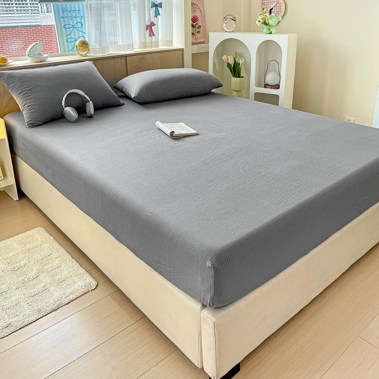 91家纺网 家纺一手货源 找家纺 彩韵家纺 2025新款超柔云感双层纱床笠 双层纱-浅灰