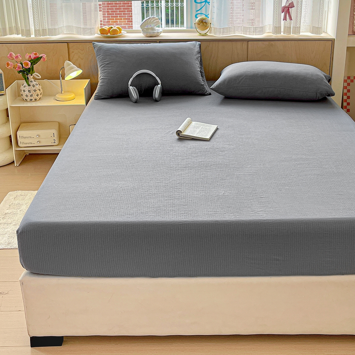 91家纺网 家纺一手货源 找家纺 彩韵家纺 2025新款超柔云感双层纱床笠 双层纱-浅灰