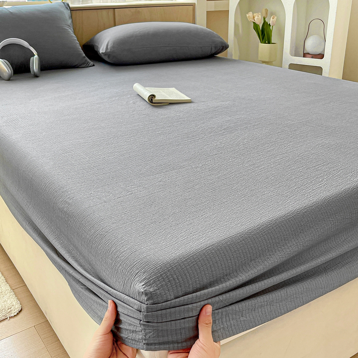 91家纺网 家纺一手货源 找家纺 彩韵家纺 2025新款超柔云感双层纱床笠 双层纱-浅灰