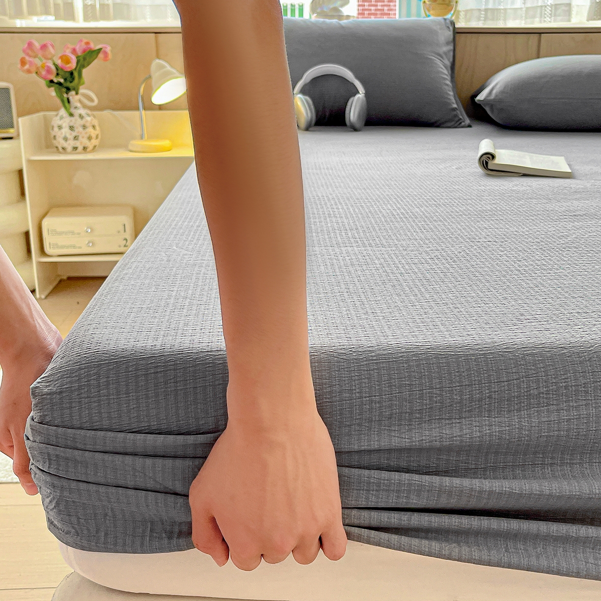 91家纺网 家纺一手货源 找家纺 彩韵家纺 2025新款超柔云感双层纱床笠 双层纱-浅灰