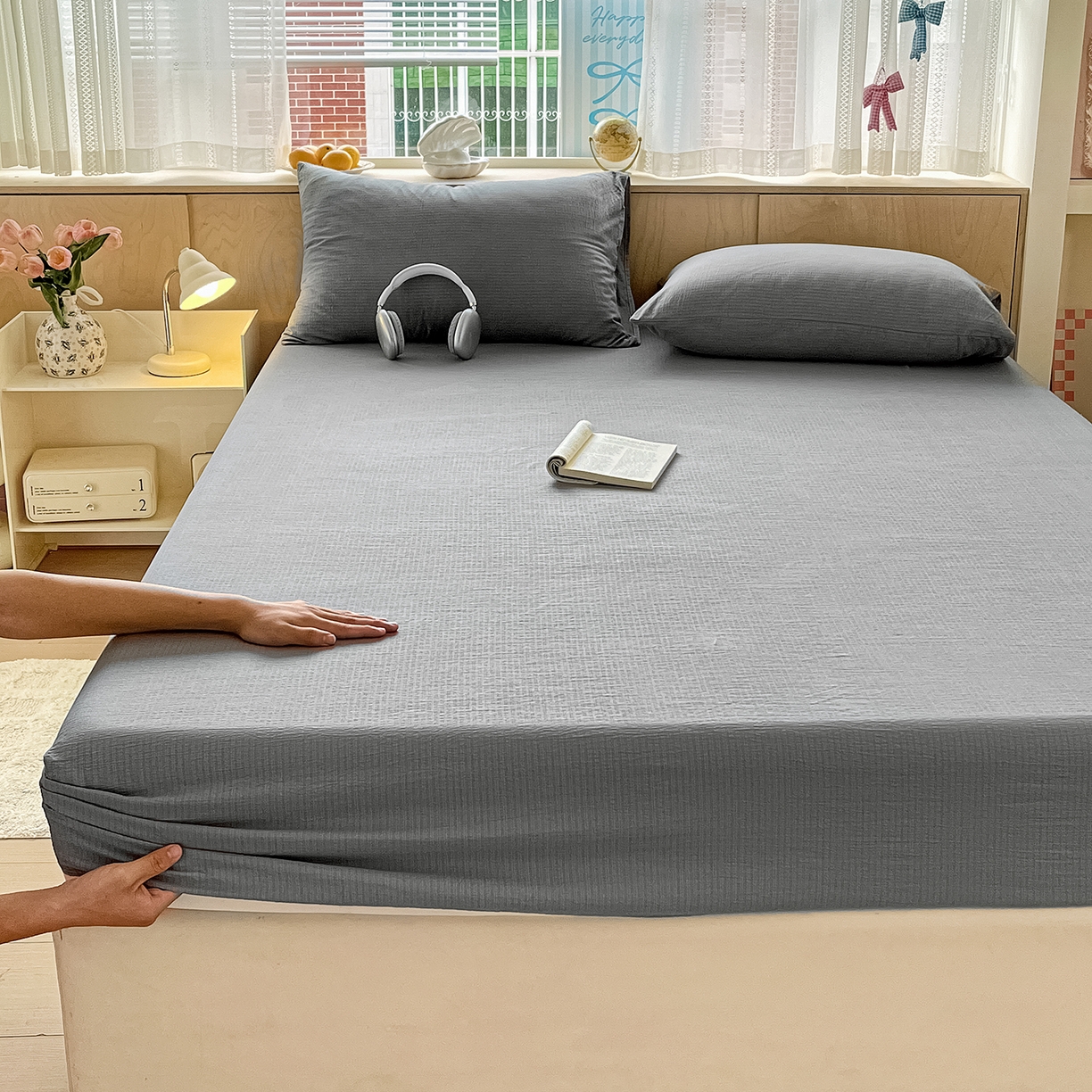 91家纺网 家纺一手货源 找家纺 彩韵家纺 2025新款超柔云感双层纱床笠 双层纱-浅灰