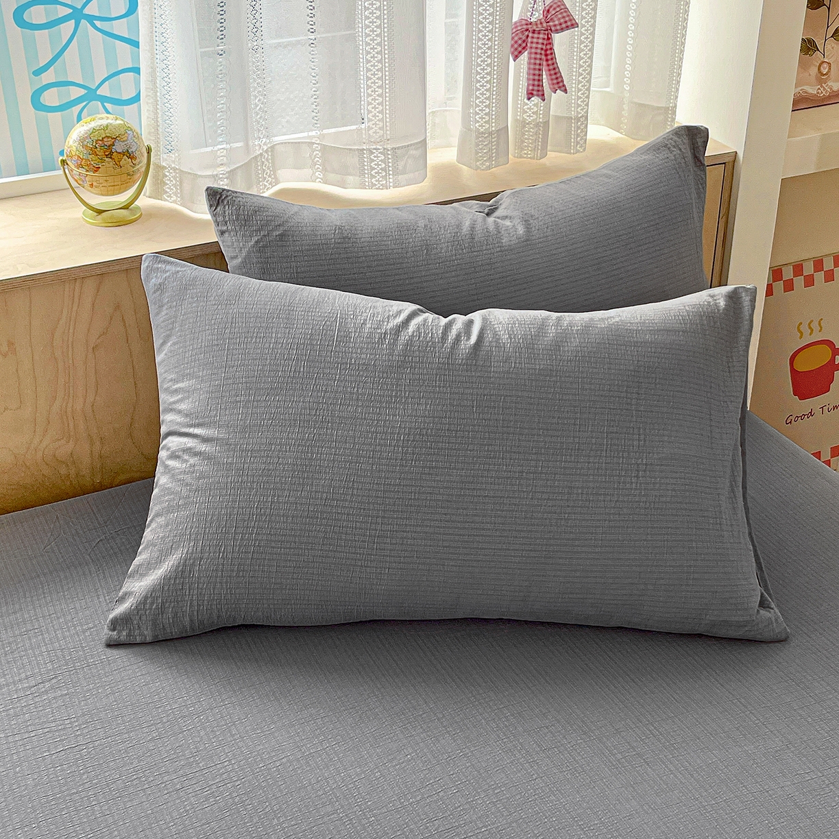 91家纺网 家纺一手货源 找家纺 彩韵家纺 2025新款超柔云感双层纱床笠 双层纱-浅灰