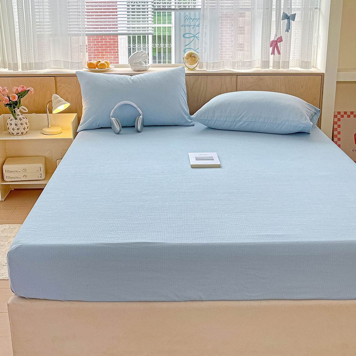 91家纺网 家纺一手货源 找家纺 彩韵家纺 2025新款超柔云感双层纱床笠 双层纱-浅蓝