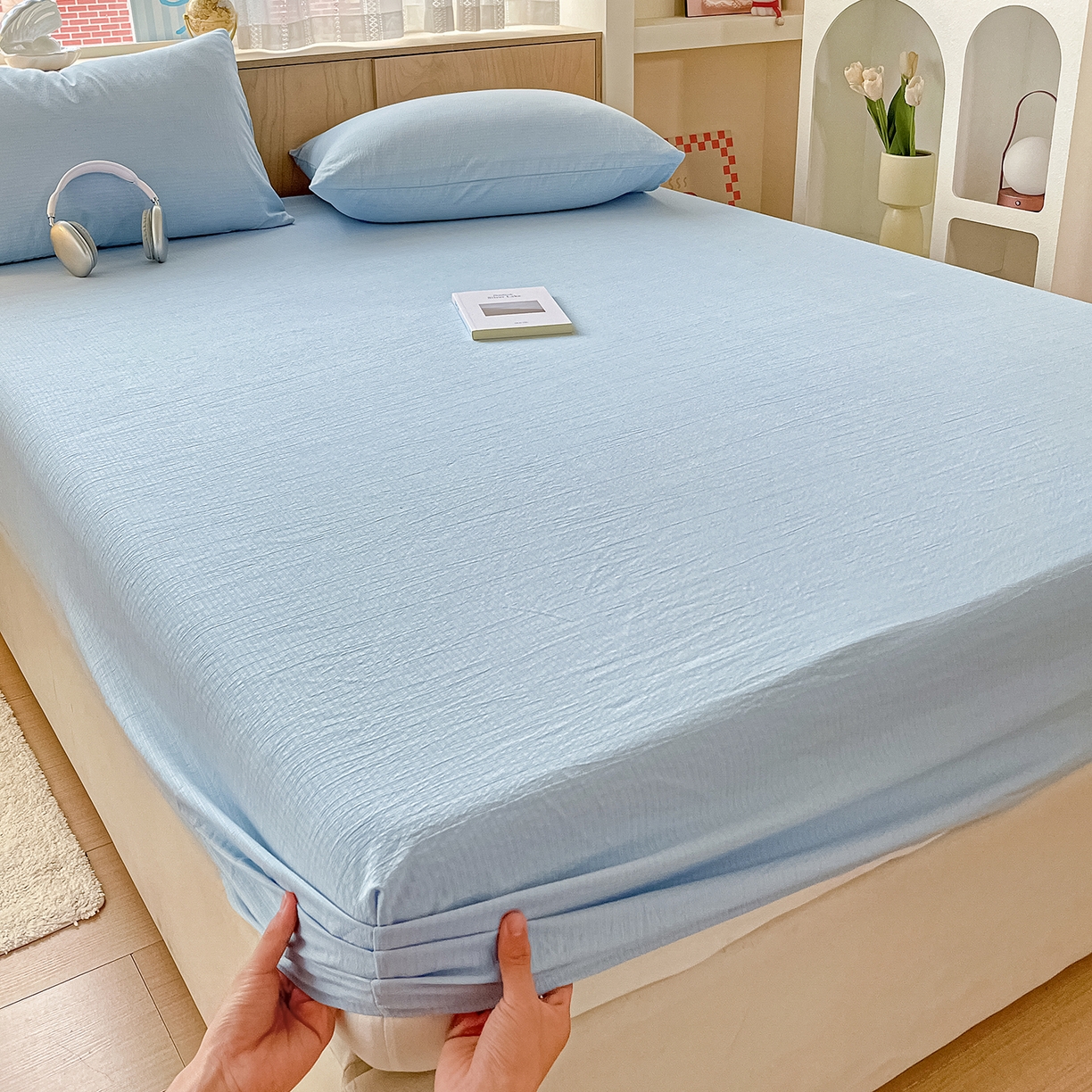 91家纺网 家纺一手货源 找家纺 彩韵家纺 2025新款超柔云感双层纱床笠 双层纱-浅蓝