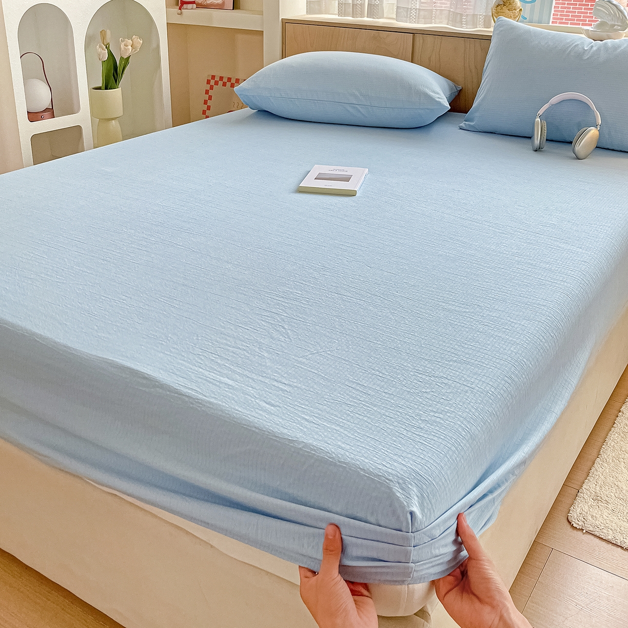 彩韵家纺 2025新款超柔云感双层纱床笠 双层纱-浅蓝