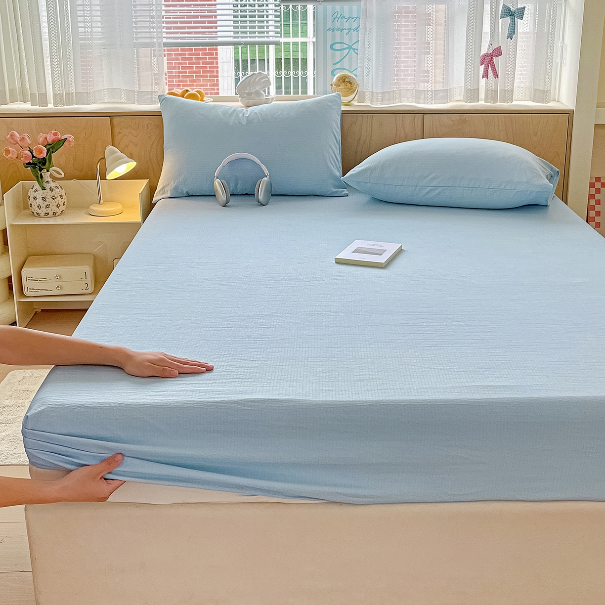 91家纺网 家纺一手货源 找家纺 彩韵家纺 2025新款超柔云感双层纱床笠 双层纱-浅蓝