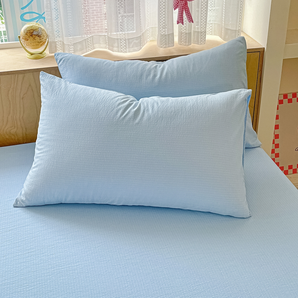 91家纺网 家纺一手货源 找家纺 彩韵家纺 2025新款超柔云感双层纱床笠 双层纱-浅蓝