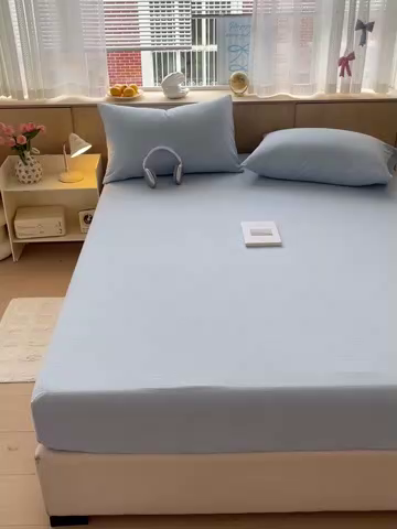 91家纺网 家纺一手货源 找家纺 彩韵家纺 2025新款超柔云感双层纱床笠 双层纱-浅蓝