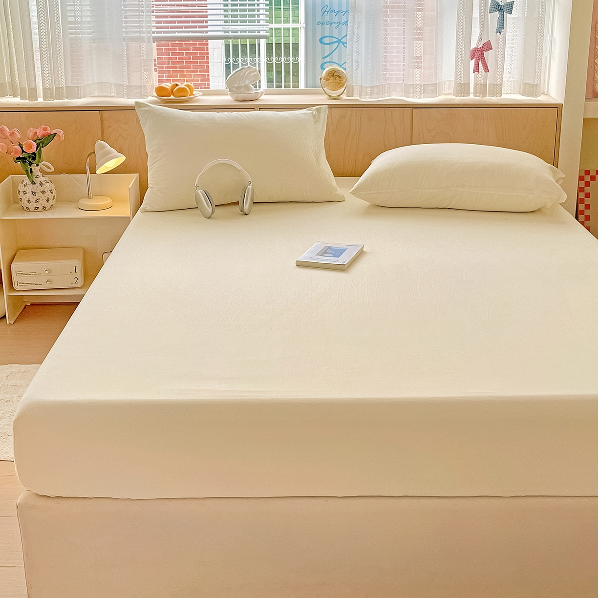 91家纺网 家纺一手货源 找家纺 彩韵家纺 2025新款超柔云感双层纱床笠 双层纱-乳白