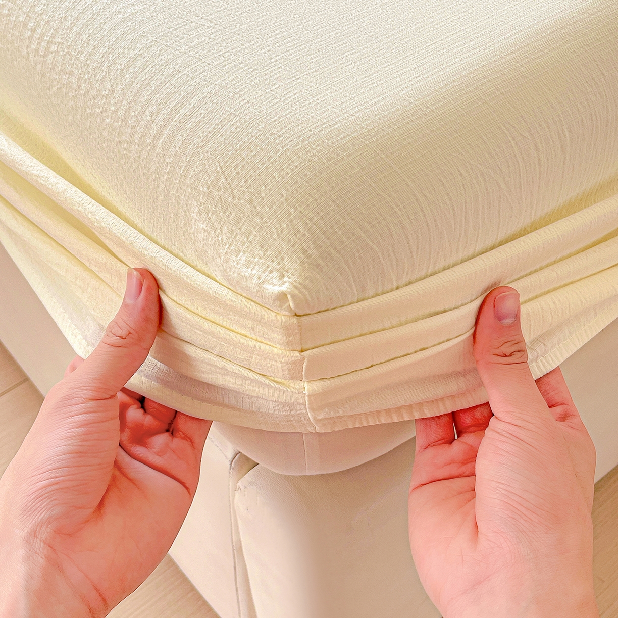 91家纺网 家纺一手货源 找家纺 彩韵家纺 2025新款超柔云感双层纱床笠 双层纱-乳白