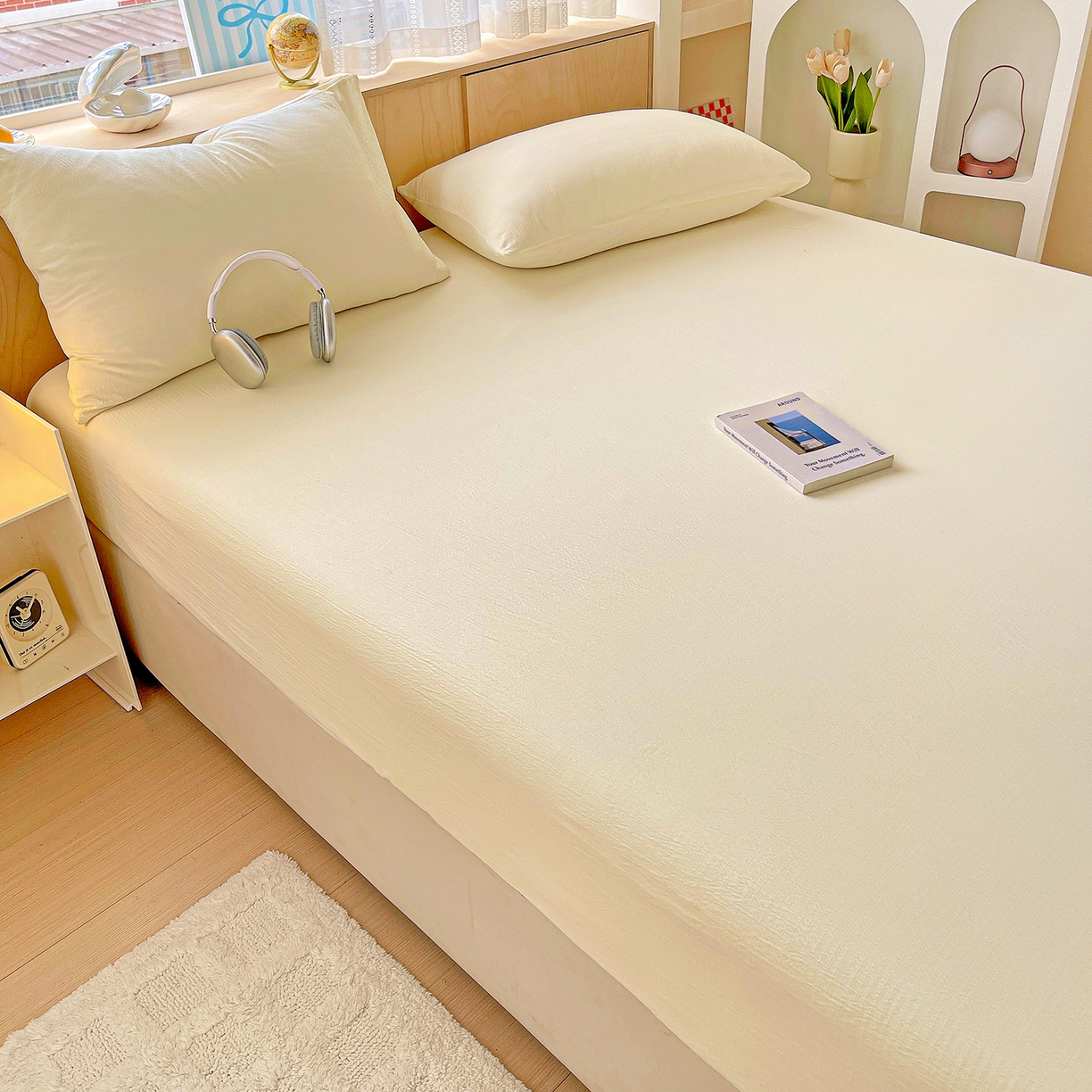 91家纺网 家纺一手货源 找家纺 彩韵家纺 2025新款超柔云感双层纱床笠 双层纱-乳白