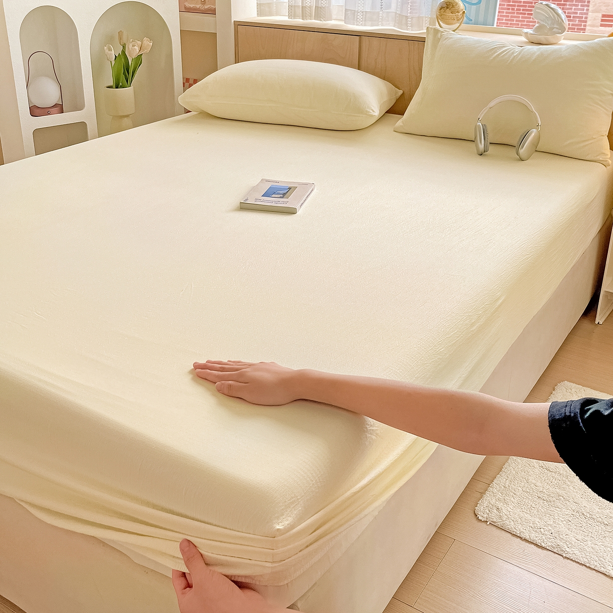 91家纺网 家纺一手货源 找家纺 彩韵家纺 2025新款超柔云感双层纱床笠 双层纱-乳白