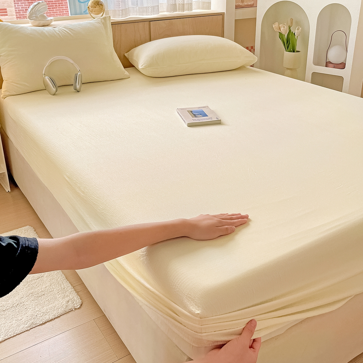 91家纺网 家纺一手货源 找家纺 彩韵家纺 2025新款超柔云感双层纱床笠 双层纱-乳白