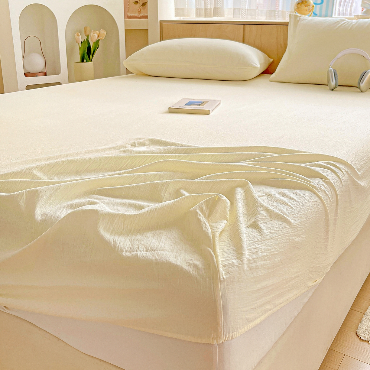 91家纺网 家纺一手货源 找家纺 彩韵家纺 2025新款超柔云感双层纱床笠 双层纱-乳白