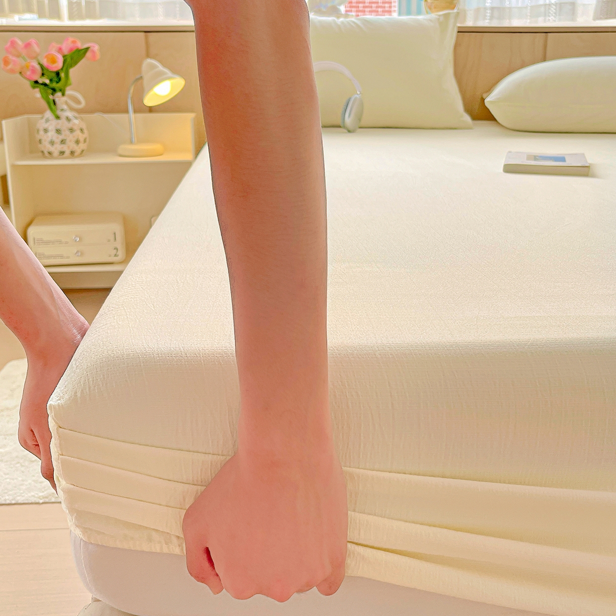 91家纺网 家纺一手货源 找家纺 彩韵家纺 2025新款超柔云感双层纱床笠 双层纱-乳白