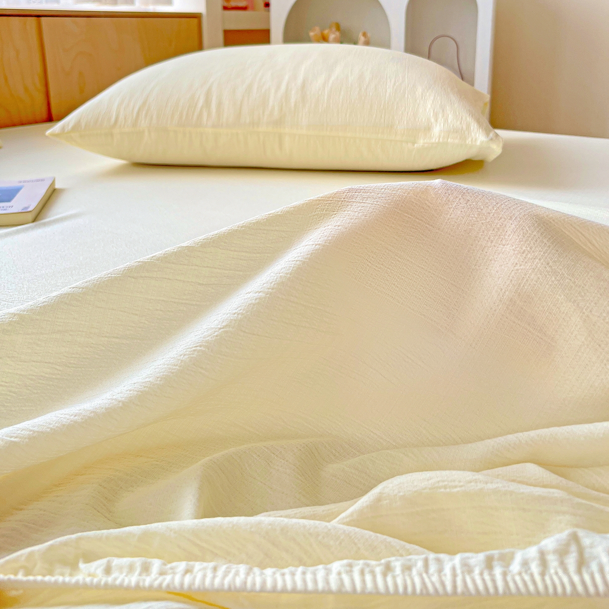 91家纺网 家纺一手货源 找家纺 彩韵家纺 2025新款超柔云感双层纱床笠 双层纱-乳白