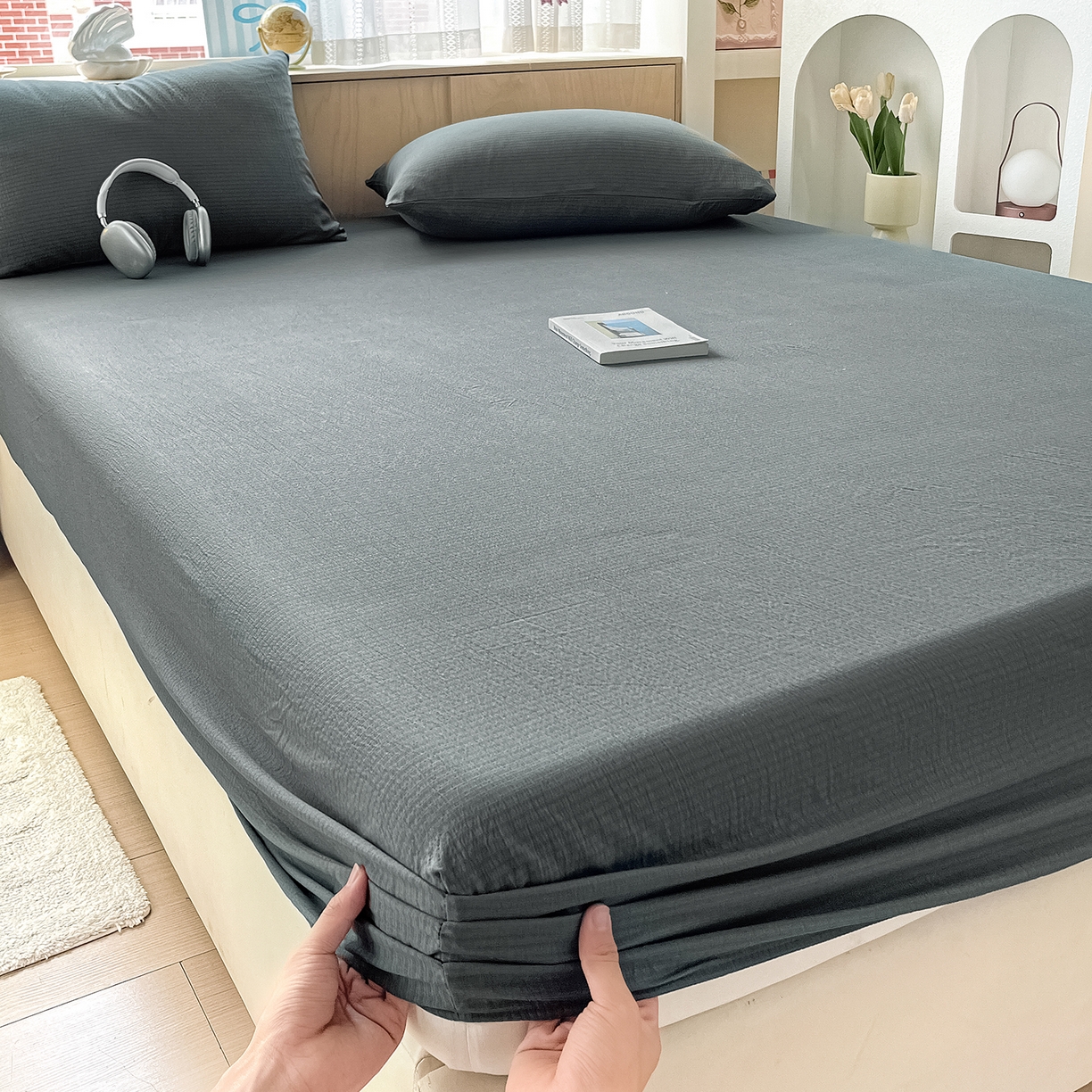 91家纺网 家纺一手货源 找家纺 彩韵家纺 2025新款超柔云感双层纱床笠 双层纱-深灰