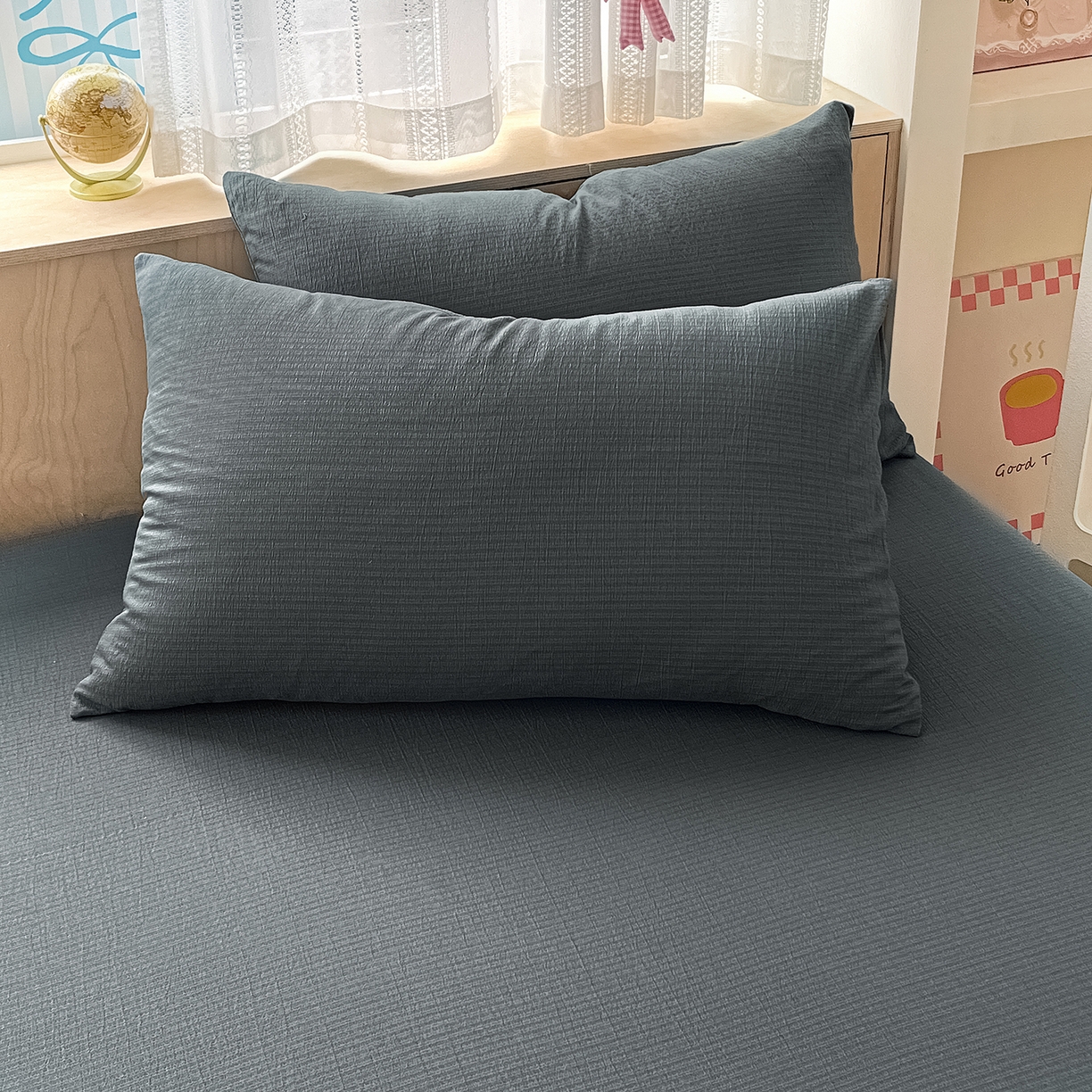 91家纺网 家纺一手货源 找家纺 彩韵家纺 2025新款超柔云感双层纱床笠 双层纱-深灰