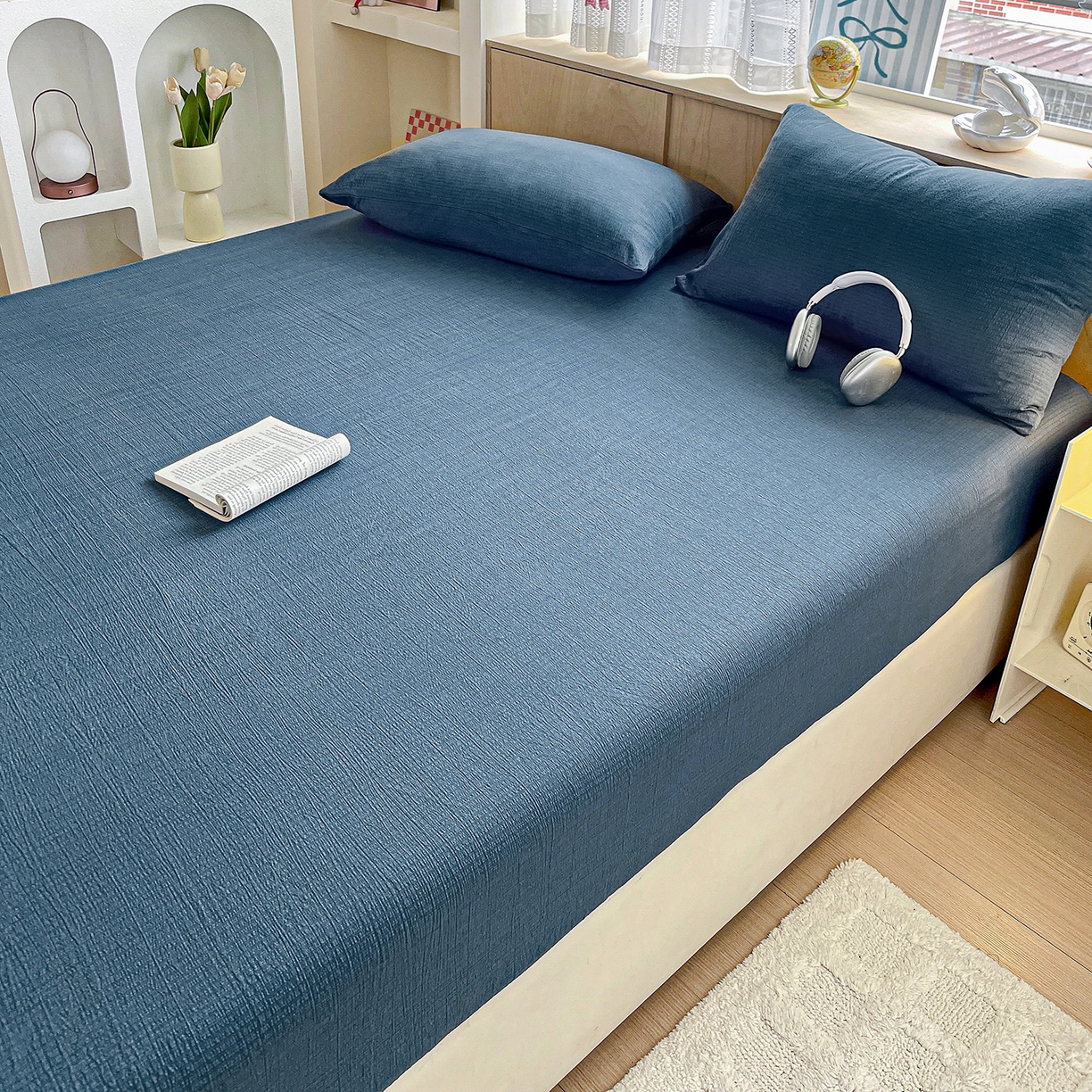 91家纺网 家纺一手货源 找家纺 彩韵家纺 2025新款超柔云感双层纱床笠 双层纱-深蓝