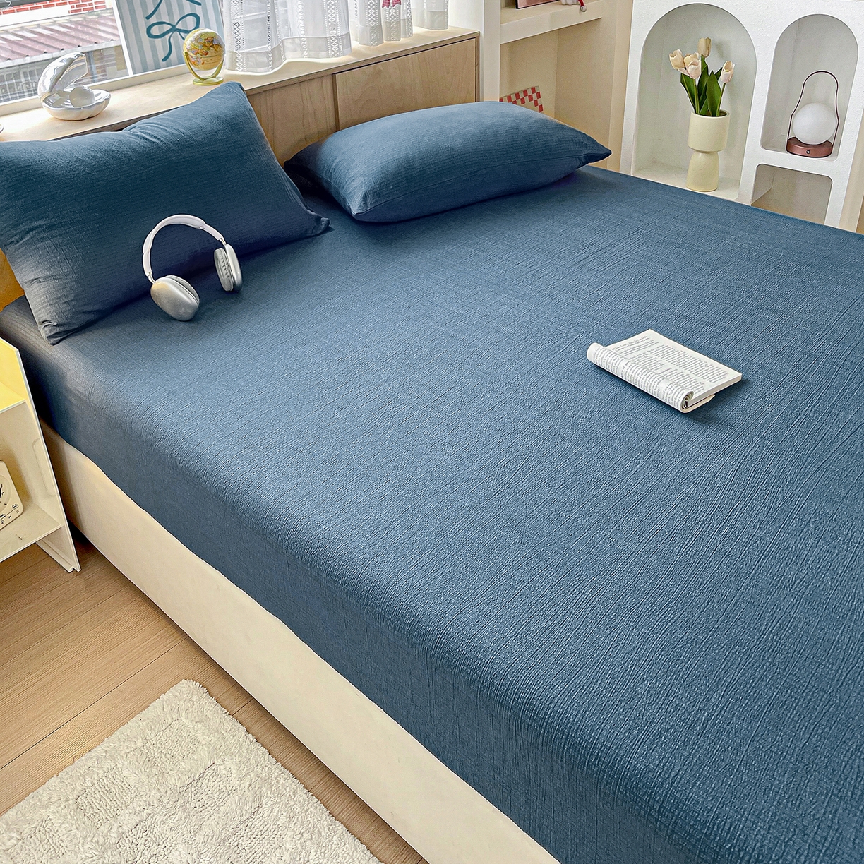 91家纺网 家纺一手货源 找家纺 彩韵家纺 2025新款超柔云感双层纱床笠 双层纱-深蓝