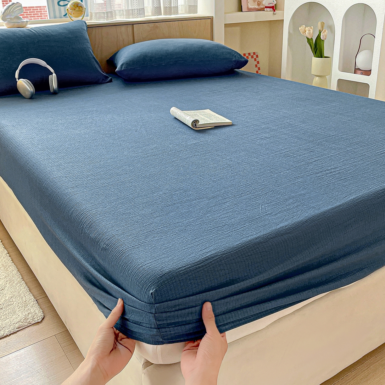 91家纺网 家纺一手货源 找家纺 彩韵家纺 2025新款超柔云感双层纱床笠 双层纱-深蓝