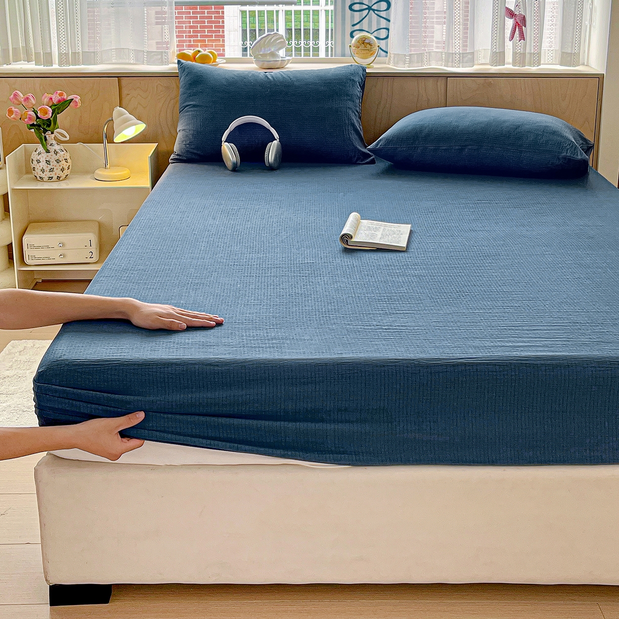 91家纺网 家纺一手货源 找家纺 彩韵家纺 2025新款超柔云感双层纱床笠 双层纱-深蓝